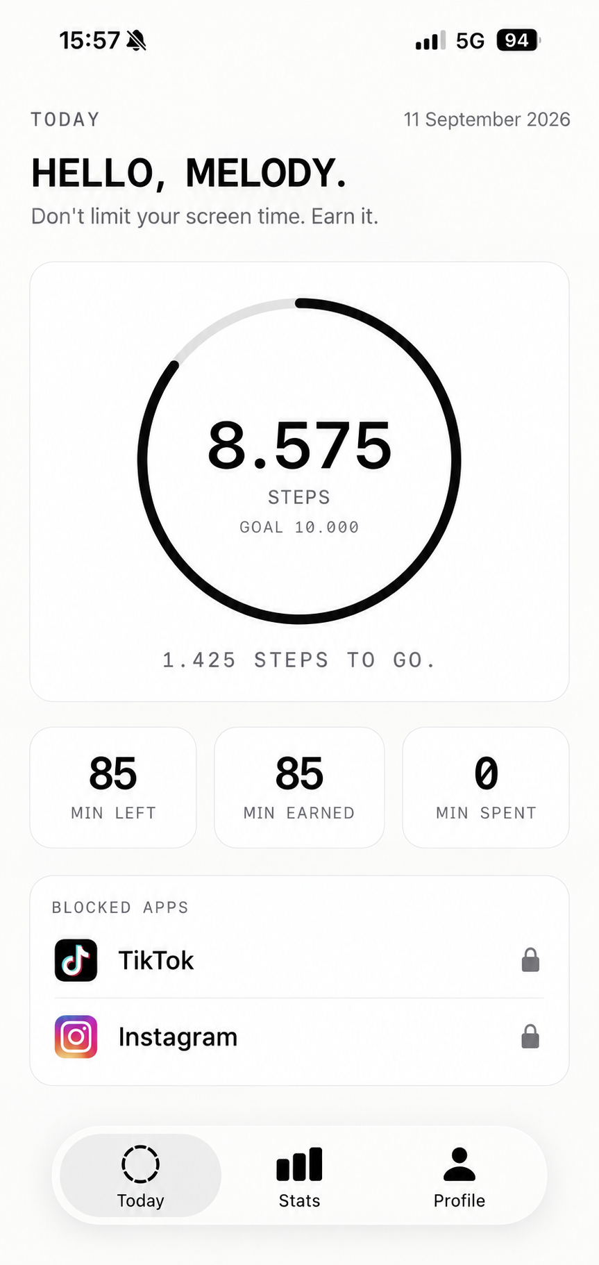 INLOK Today screen showing steps and earned screen time